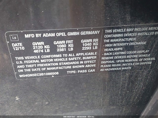 Aukcja sprzedaży 2011 Buick Regal Cxl Russelsheim, vin: W04GN5EC3B1086508, numer aukcji: 46251847