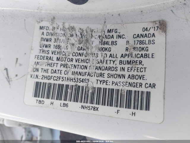 Продажа на аукционе авто 2017 Honda Civic Lx, vin: 2HGFC2F51HH535489, номер лота: 46251851