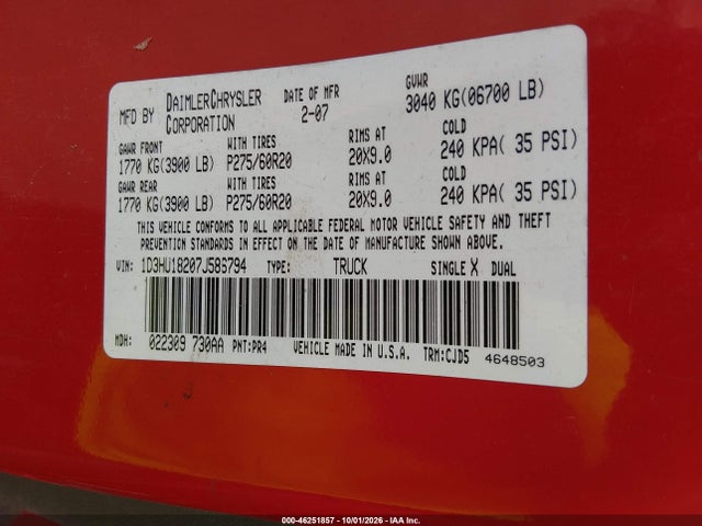 46251857 :رقم المزاد ، 1D3HU18207J586794 vin ، 2007 Dodge Ram 1500 Slt/trx4 Off Road/sport مزاد بيع