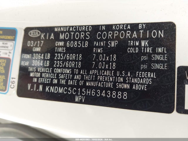 46251863 :رقم المزاد ، KNDMC5C15H6343888 vin ، 2017 Kia Sedona Sx مزاد بيع