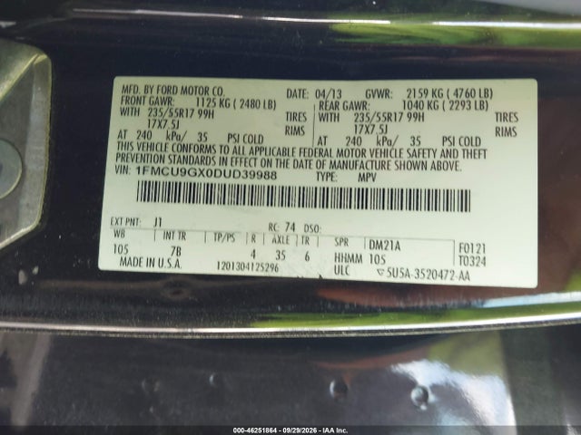 Продажа на аукционе авто 2013 Ford Escape Se, vin: 1FMCU9GX0DUD39988, номер лота: 46251864