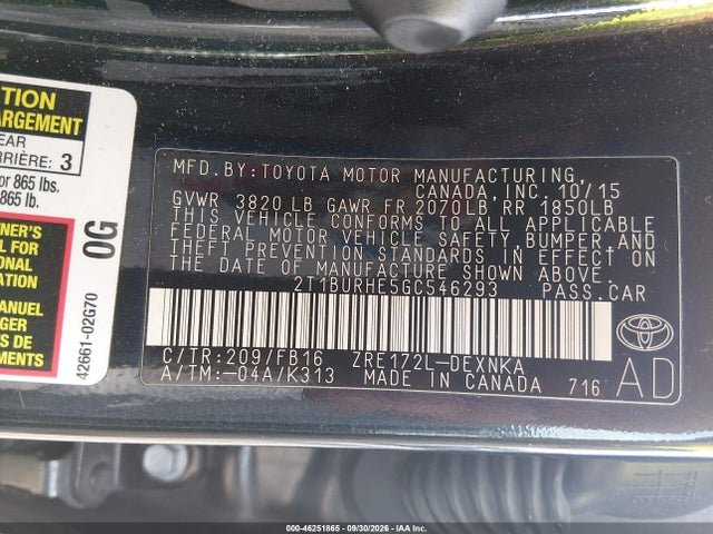 Продаж на аукціоні авто 2016 Toyota Corolla Le, vin: 2T1BURHE5GC546293, номер лоту: 46251865