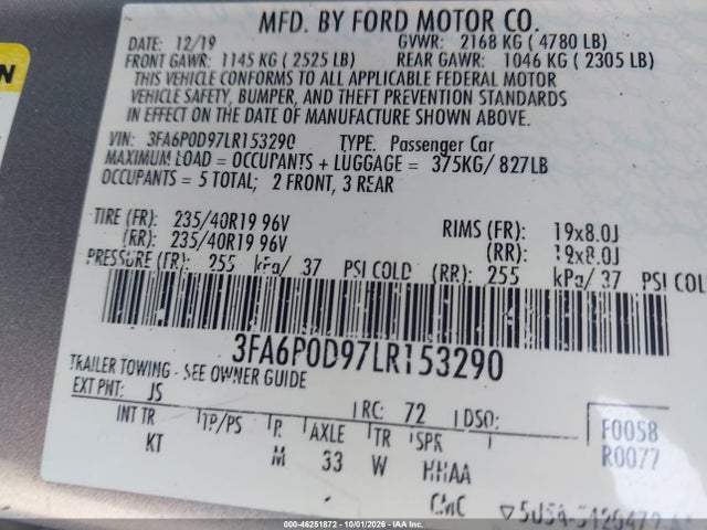 46251872 :رقم المزاد ، 3FA6P0D97LR153290 vin ، 2020 Ford Fusion Titanium مزاد بيع