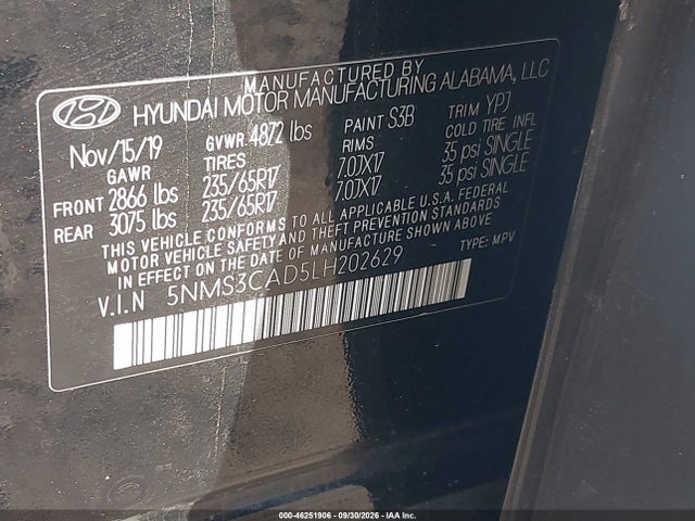 2020 Hyundai Santa Fe Sel მანქანა იყიდება აუქციონზე, vin: 5NMS3CAD5LH202629, აუქციონის ნომერი: 46251906