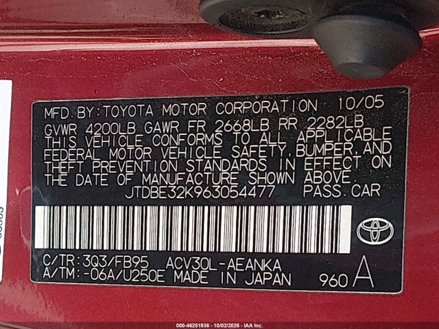 Aukcja sprzedaży 2006 Toyota Camry Le, vin: JTDBE32K963054477, numer aukcji: 46251936