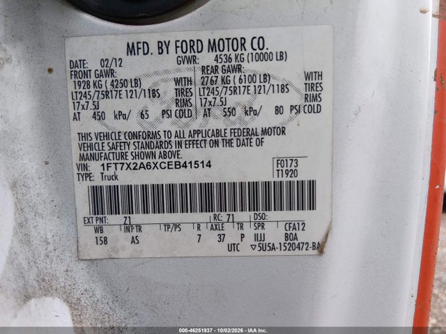 Продажа на аукционе авто 2012 Ford F-250 Xl, vin: 1FT7X2A6XCEB41514, номер лота: 46251937
