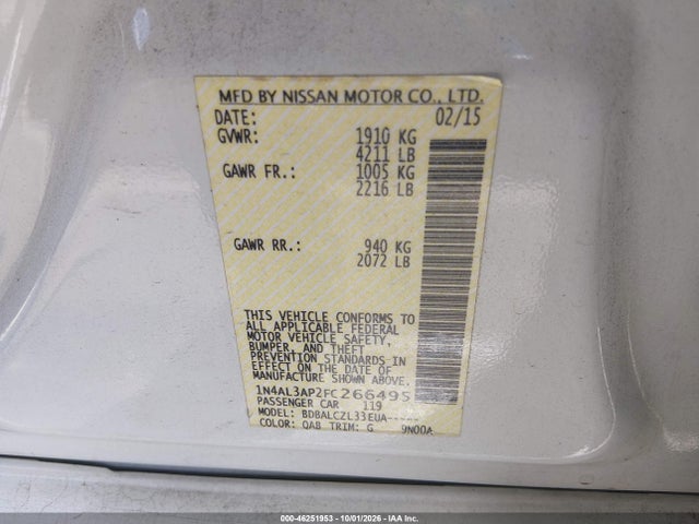 2015 Nissan Altima 2.5/2.5 S/2.5 Sl/2.5 Sv მანქანა იყიდება აუქციონზე, vin: 1N4AL3AP2FC266495, აუქციონის ნომერი: 46251953