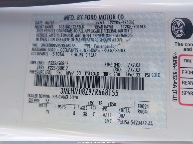 Продажа на аукционе авто 2007 Mercury Milan I4 Premier, vin: 3MEHM08Z97R668155, номер лота: 46251962