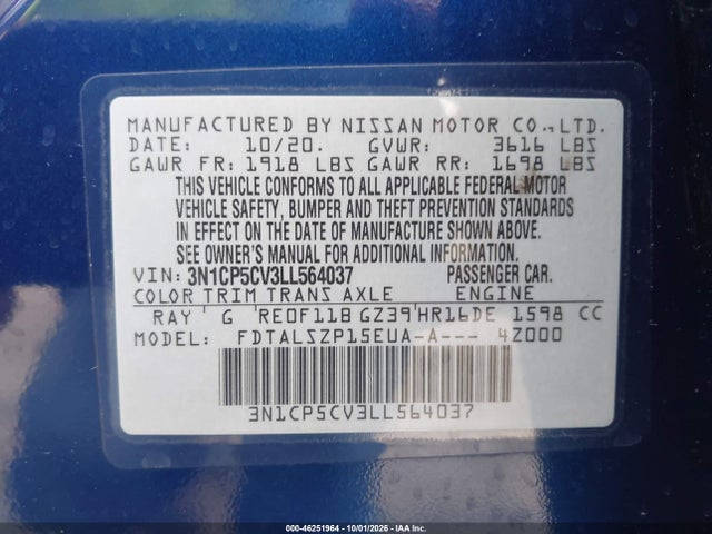 Aukcja sprzedaży 2020 Nissan Kicks Sv Xtronic Cvt, vin: 3N1CP5CV3LL564037, numer aukcji: 46251964