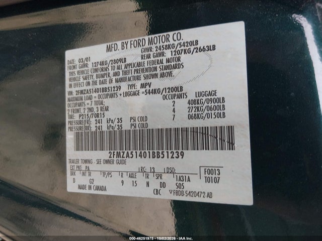 Aukcja sprzedaży 2001 Ford Windstar Lx, vin: 2FMZA51401BB51239, numer aukcji: 46251975