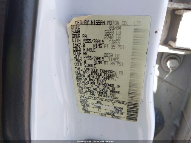 46251982 :رقم المزاد ، 1N6ED29X34C435506 vin ، 2004 Nissan Frontier Xe-v6 مزاد بيع