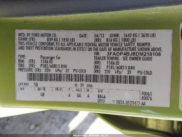2013 Ford Fiesta Se მანქანა იყიდება აუქციონზე, vin: 3FADP4BJ8DM218108, აუქციონის ნომერი: 46251996