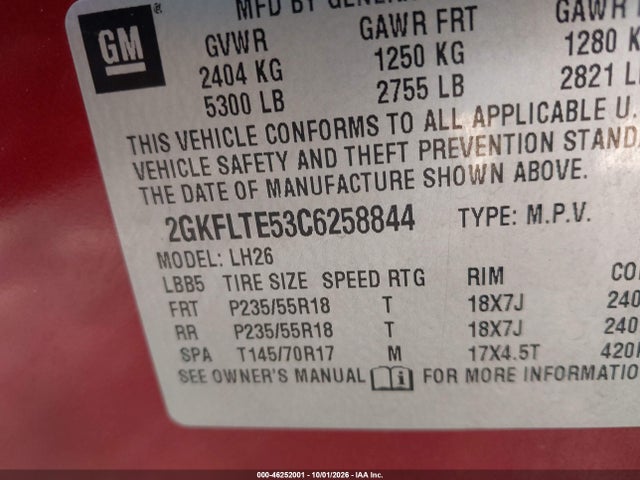 Aukcja sprzedaży 2012 Gmc Terrain Sle-2, vin: 2GKFLTE53C6258844, numer aukcji: 46252001