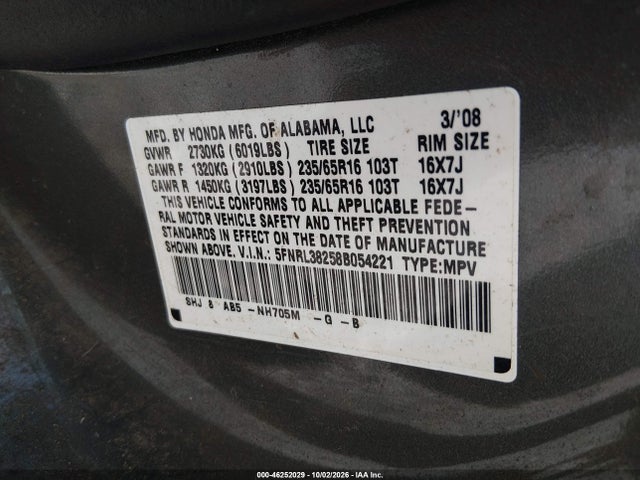 Продаж на аукціоні авто 2008 Honda Odyssey Lx, vin: 5FNRL38258B054221, номер лоту: 46252029