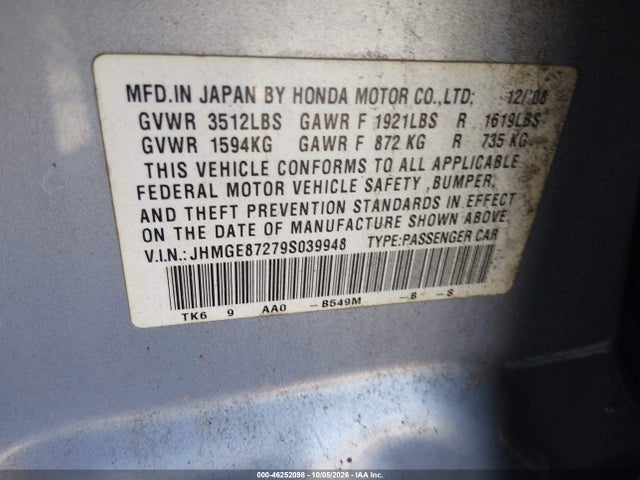 46252098 :رقم المزاد ، JHMGE87279S039948 vin ، 2009 Honda Fit مزاد بيع