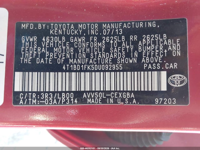 Aukcja sprzedaży 2013 Toyota Camry Hybrid Xle, vin: 4T1BD1FK5DU092955, numer aukcji: 46252101