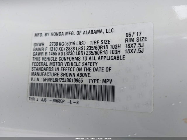 Продажа на аукционе авто 2018 Honda Odyssey Ex-l, vin: 5FNRL6H75JB010965, номер лота: 46252110