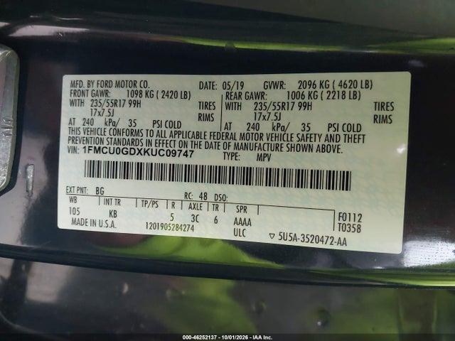 Продаж на аукціоні авто 2019 Ford Escape Se, vin: 1FMCU0GDXKUC09747, номер лоту: 46252137