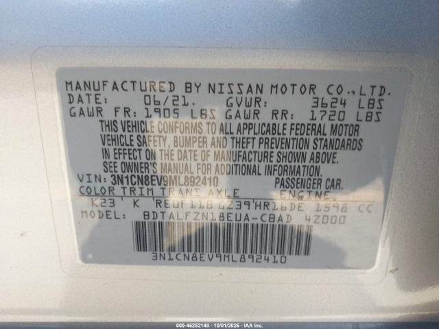 Продаж на аукціоні авто 2021 Nissan Versa Sv Xtronic Cvt, vin: 3N1CN8EV9ML892410, номер лоту: 46252148