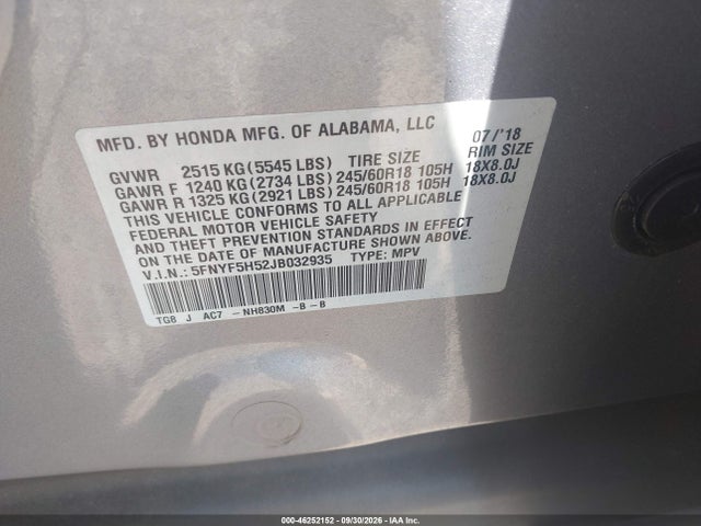 Aukcja sprzedaży 2018 Honda Pilot Ex-l, vin: 5FNYF5H52JB032935, numer aukcji: 46252152