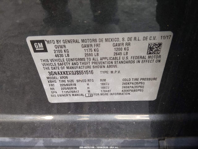 46252186 :رقم المزاد ، 3GNAXKEX0JS551516 vin ، 2018 Chevrolet Equinox Lt مزاد بيع
