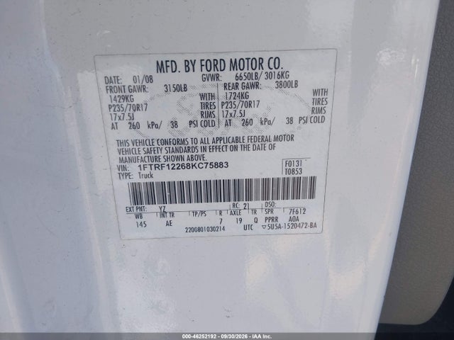 Продажа на аукционе авто 2008 Ford F-150 Stx/xl/xlt, vin: 1FTRF12268KC75883, номер лота: 46252192