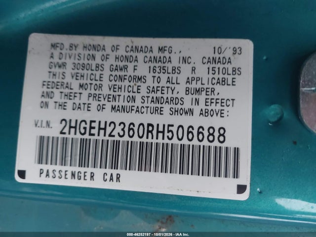 Продаж на аукціоні авто 1994 Honda Civic Dx, vin: 2HGEH2360RH506688, номер лоту: 46252197