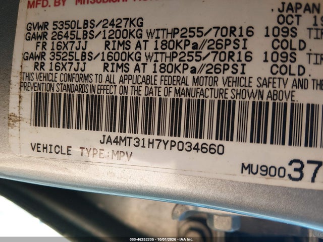46252205 :رقم المزاد ، JA4MT31H7YP034660 vin ، 2000 Mitsubishi Montero Sport Ls/xls مزاد بيع
