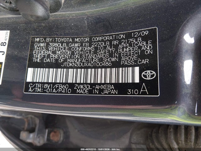 Aukcja sprzedaży 2010 Toyota Prius Ii, vin: JTDKN3DUXA0100486, numer aukcji: 46252215