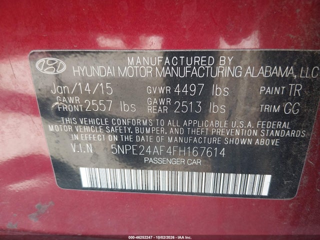 Aukcja sprzedaży 2015 Hyundai Sonata Se, vin: 5NPE24AF4FH167614, numer aukcji: 46252247