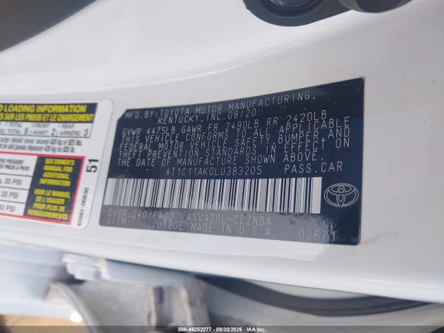 Aukcja sprzedaży 2020 Toyota Camry Le, vin: 4T1C11AK0LU383205, numer aukcji: 46252277