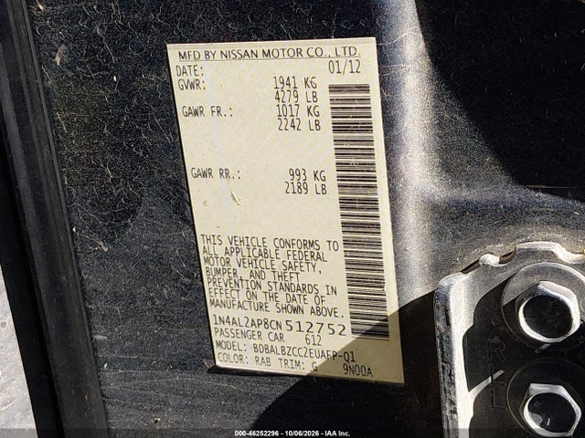 Aukcja sprzedaży 2012 Nissan Altima 2.5 S, vin: 1N4AL2AP8CN512752, numer aukcji: 46252296