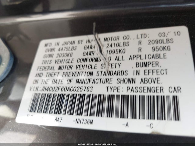 46252298 :رقم المزاد ، JH4CU2F60AC025763 vin ، 2010 Acura Tsx 2.4 مزاد بيع