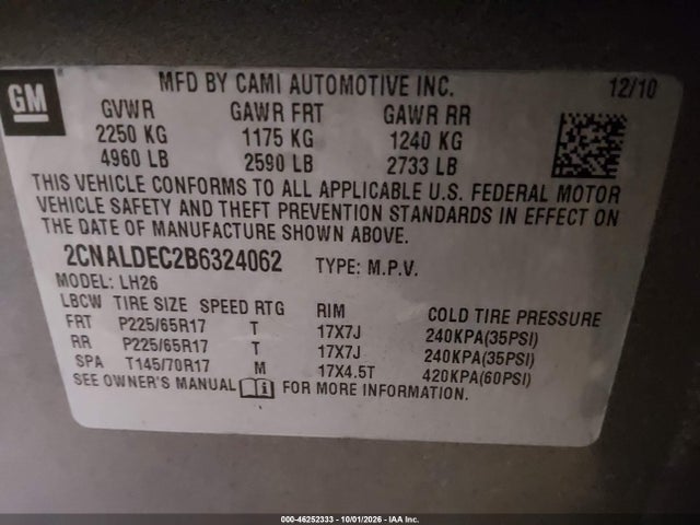 Aukcja sprzedaży 2011 Chevrolet Equinox 1lt, vin: 2CNALDEC2B6324062, numer aukcji: 46252333