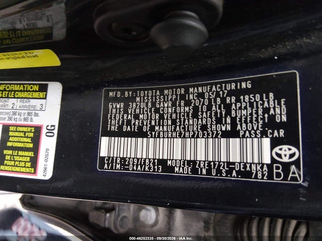 Aukcja sprzedaży 2017 Toyota Corolla Le, vin: 5YFBURHE7HP703372, numer aukcji: 46252335