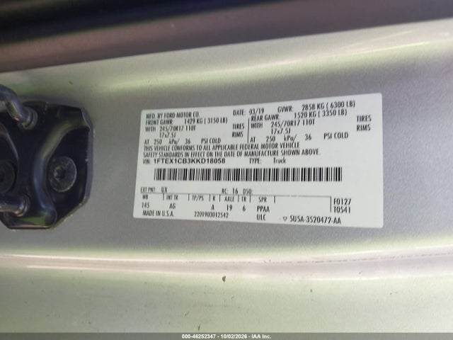 46252347 :رقم المزاد ، 1FTEX1CB3KKD18058 vin ، 2019 Ford F-150 Xl مزاد بيع