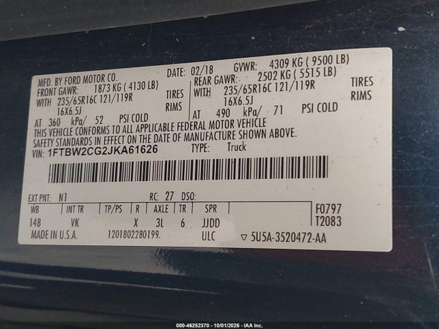 Продаж на аукціоні авто 2018 Ford Transit-350, vin: 1FTBW2CG2JKA61626, номер лоту: 46252370
