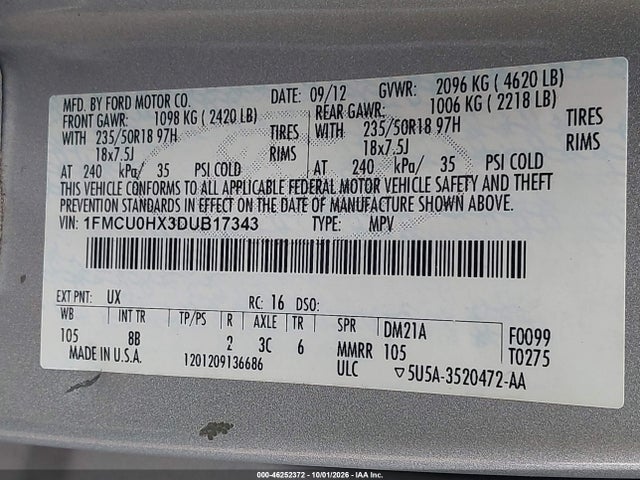 46252372 :رقم المزاد ، 1FMCU0HX3DUB17343 vin ، 2013 Ford Escape Sel مزاد بيع