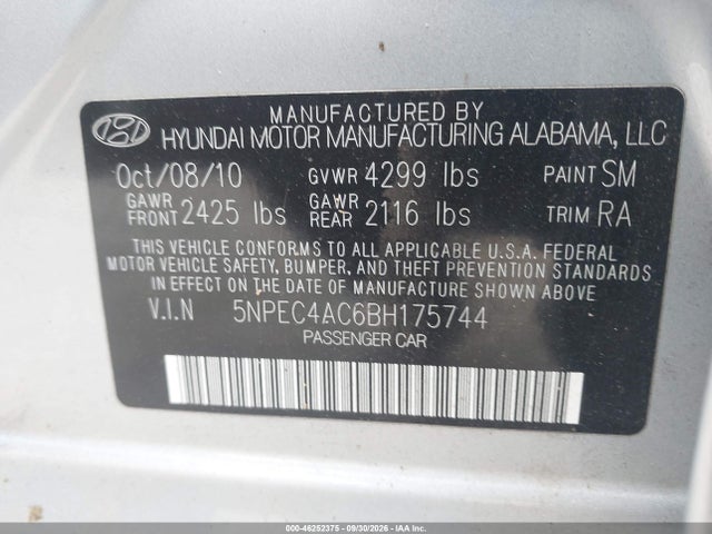 Auction sale of the 2011 Hyundai Sonata Se, vin: 5NPEC4AC6BH175744, lot number: 46252375