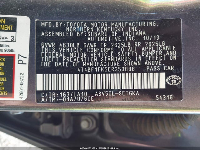 46252379 :رقم المزاد ، 4T4BF1FK5ER353888 vin ، 2014 Toyota Camry Xle مزاد بيع