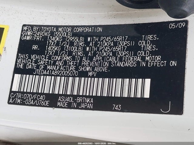 Aukcja sprzedaży 2009 Toyota Highlander, vin: JTEDA41A892005070, numer aukcji: 46252383