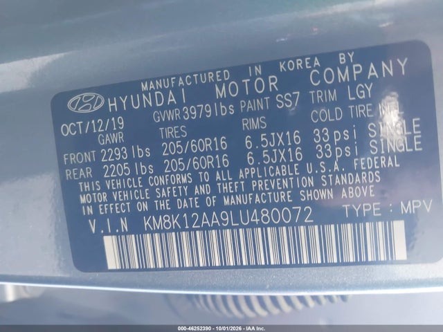 Aukcja sprzedaży 2020 Hyundai Kona Se, vin: KM8K12AA9LU480072, numer aukcji: 46252390