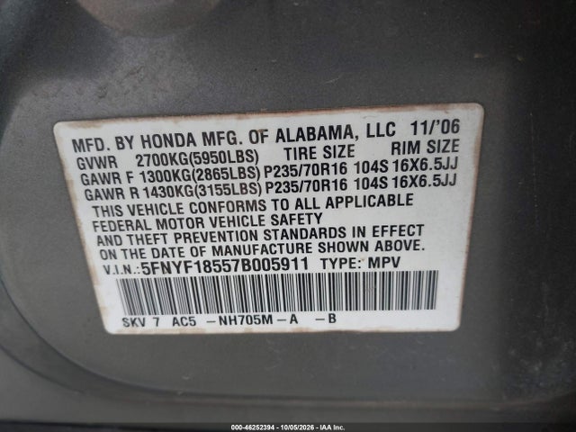 Продаж на аукціоні авто 2007 Honda Pilot Ex-l, vin: 5FNYF18557B005911, номер лоту: 46252394