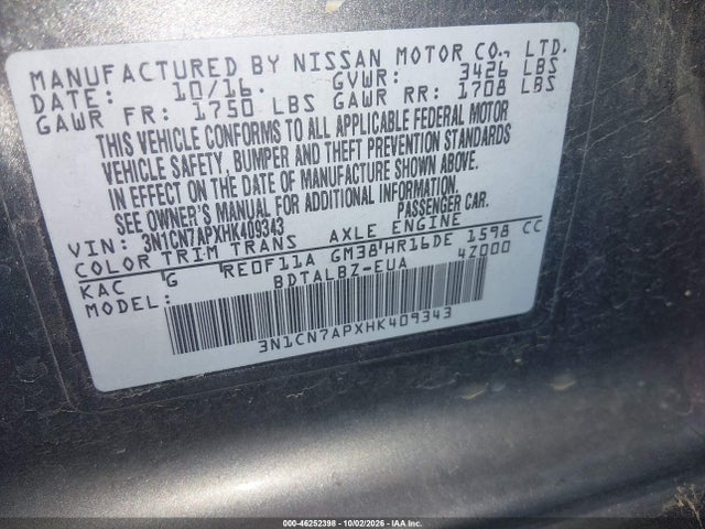 3N1CN7APXHK409343 Nissan Versa 1.6 S/1.6 S+/1.6 Sl/1.6 Sv