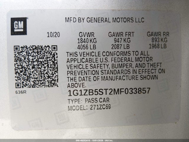 1G1ZB5ST2MF033857 Chevrolet Malibu Fwd Ls