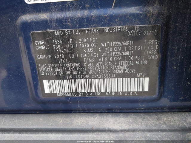 Продажа на аукционе авто 2010 Subaru Outback 2.5i Limited, vin: 4S4BRBJC8A3355514, номер лота: 46252432