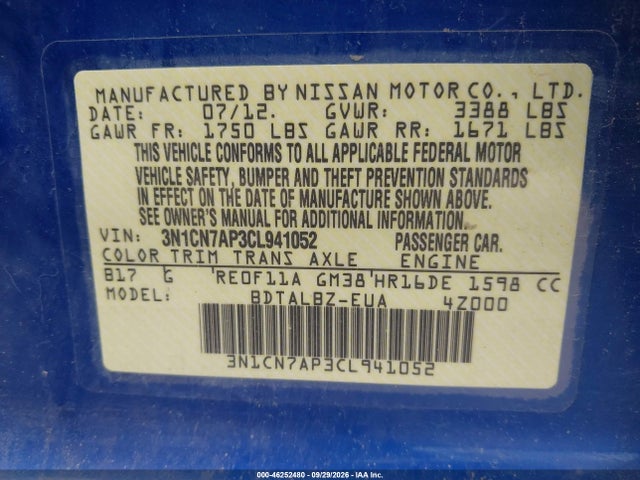 2012 Nissan Versa 1.6 Sv მანქანა იყიდება აუქციონზე, vin: 3N1CN7AP3CL941052, აუქციონის ნომერი: 46252480