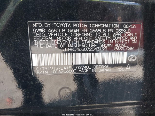 Продаж на аукціоні авто 2007 Lexus Es 350, vin: JTHBJ46G072043199, номер лоту: 46252486