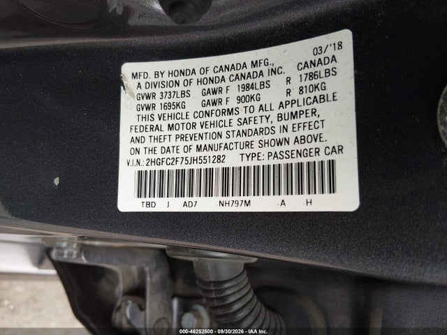 46252500 :رقم المزاد ، 2HGFC2F75JH551282 vin ، 2018 Honda Civic Ex مزاد بيع
