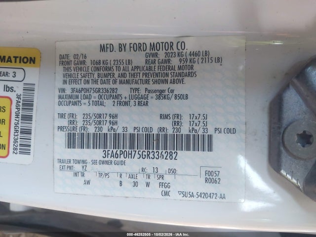 2016 Ford Fusion Se მანქანა იყიდება აუქციონზე, vin: 3FA6P0H75GR336282, აუქციონის ნომერი: 46252505